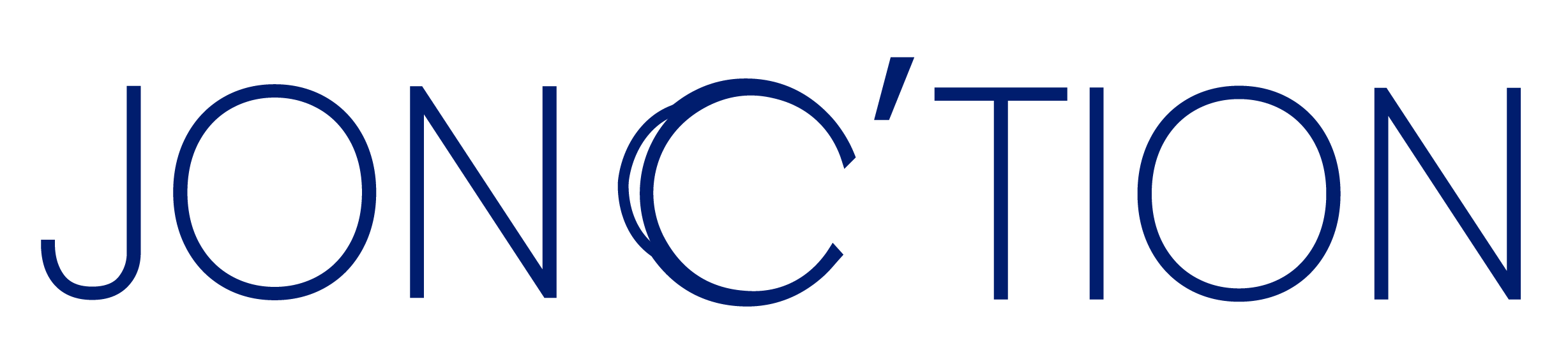 Le logo de l'entreprise Jonc'Tion en bleu marine. Le C du mot JONCTION est remplacé par un bracelet connecté.